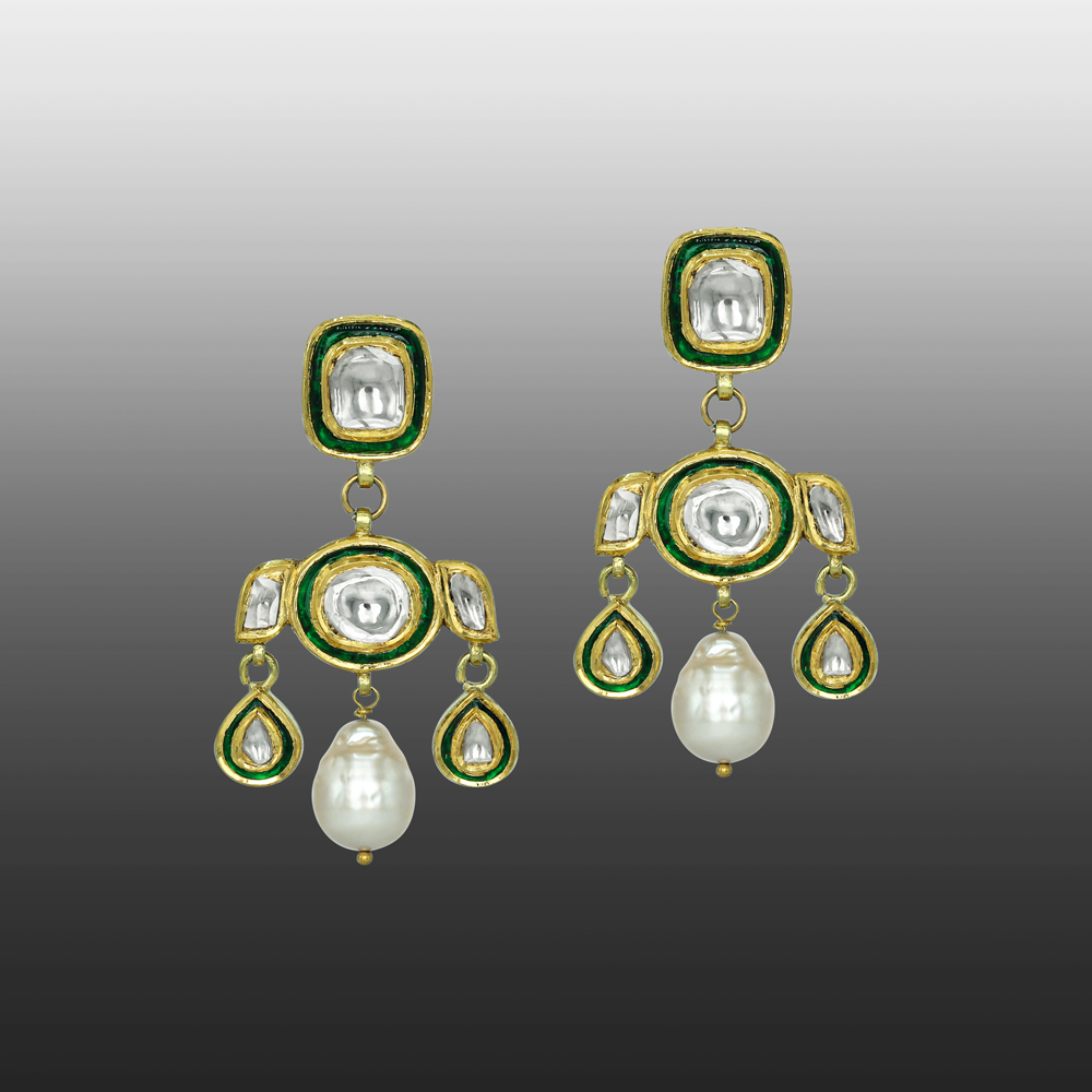 Polki Earrings with Green Enamel, Teardrops, and Pearl Drops